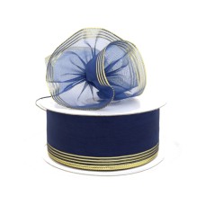 1.5 Inch Navy Blue Organza Pull Bow Ribbon With 4 Rows of Gold Stripe Accents, 25 Yards (Lot of 1 Spool) SALE ITEM